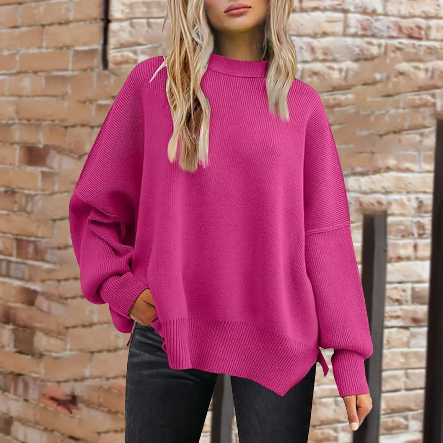Sweaters for Women Chunky Knit Round Neck Solid Color Long Sleeve Loose Fit Casual Soft Sweaters Tops