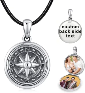 TANGPOET Personalized Compass Locket Necklace for Men Women 925 Oxidized Silver Lockets Necklace that Holds Two Pictures Memorial Photo Jewelry Birthday Christmas Fathers Day Graduation Gifts