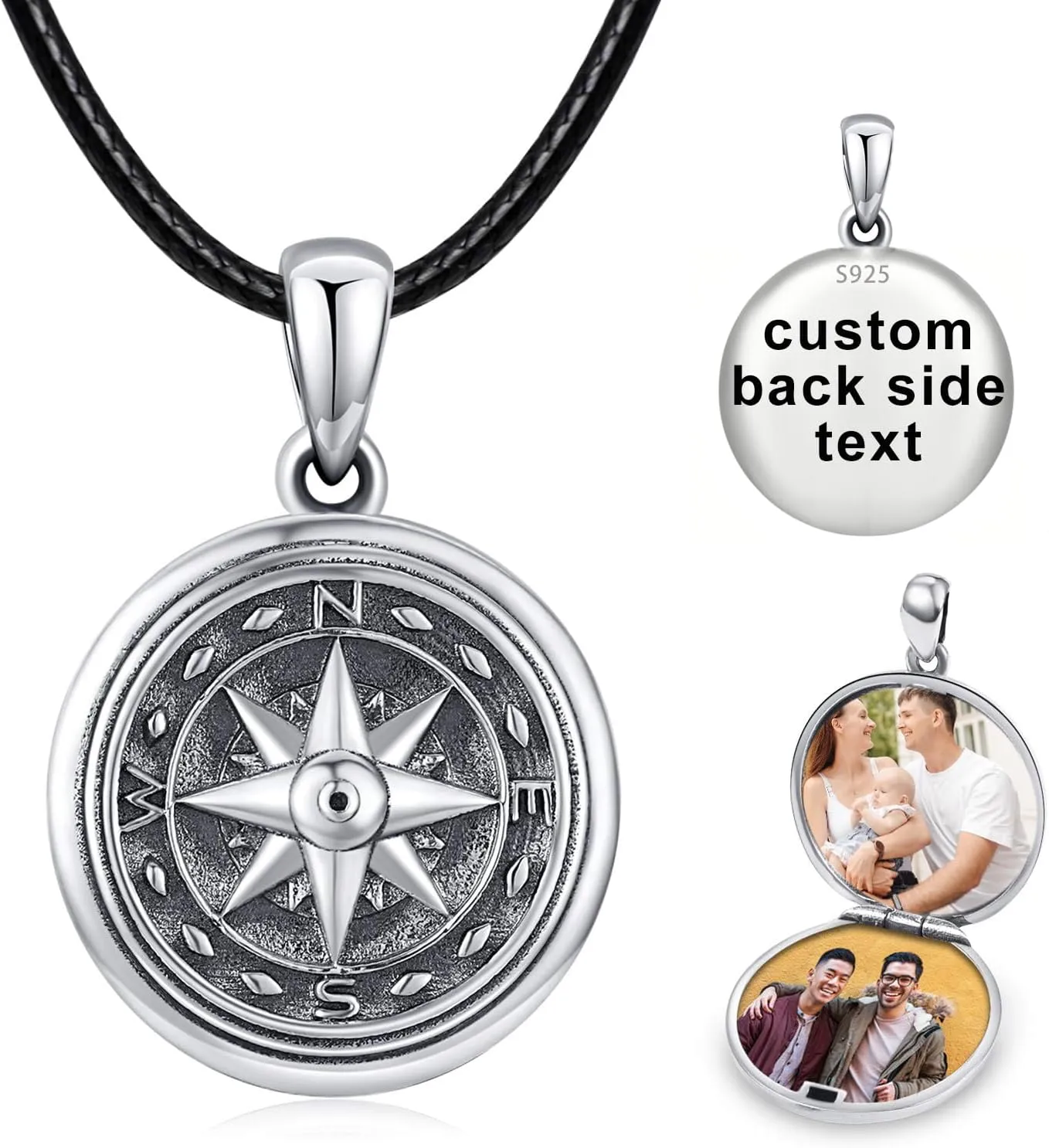 TANGPOET Personalized Compass Locket Necklace for Men Women 925 Oxidized Silver Lockets Necklace that Holds Two Pictures Memorial Photo Jewelry Birthday Christmas Fathers Day Graduation Gifts