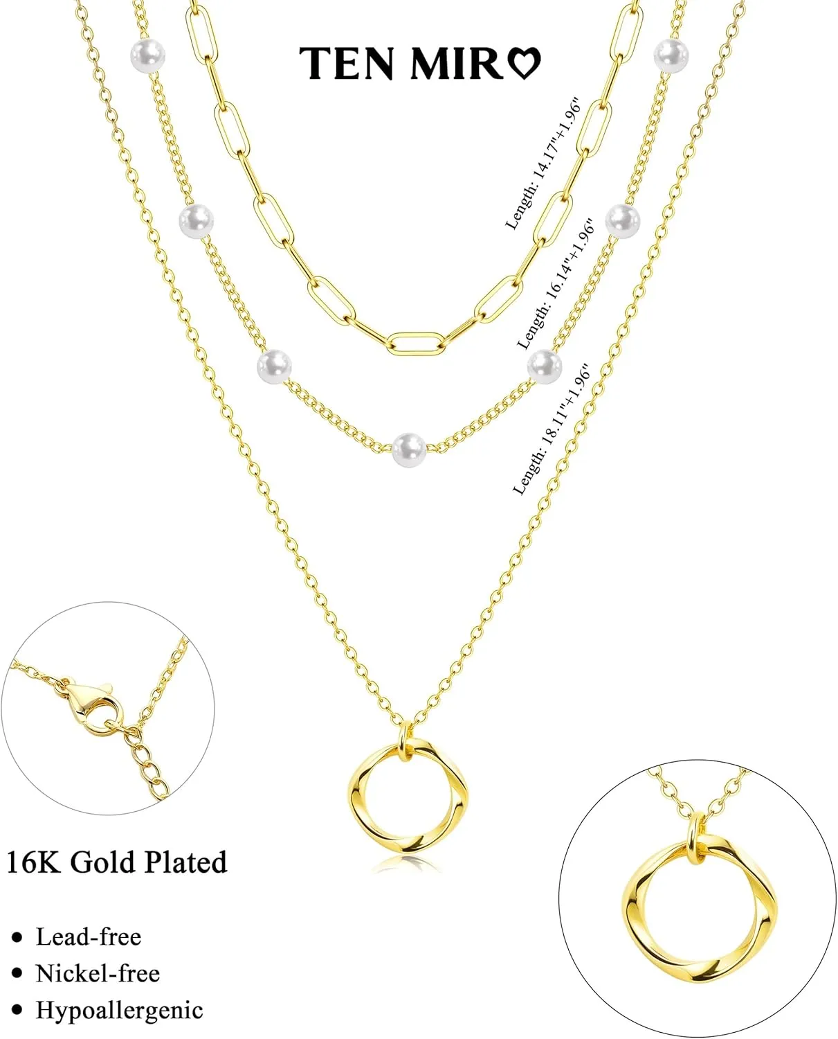 TEN MIRO Layered Gold Necklaces for Women Non Tarnish, Dainty 16k Real Gold Necklace Stack Stackable Necklace for Women Layering Chain Circle Pendant Paperclip Chain Necklaces
