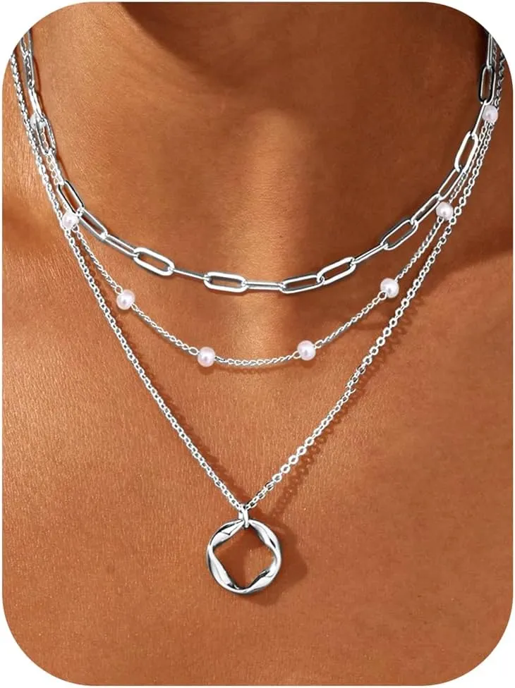 TEN MIRO Layered Gold Necklaces for Women Non Tarnish, Dainty 16k Real Gold Necklace Stack Stackable Necklace for Women Layering Chain Circle Pendant Paperclip Chain Necklaces