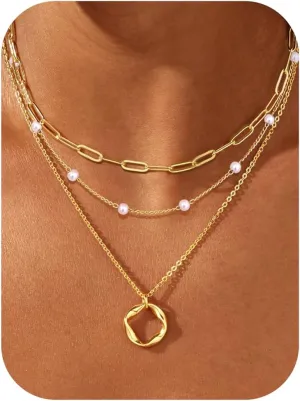 TEN MIRO Layered Gold Necklaces for Women Non Tarnish, Dainty 16k Real Gold Necklace Stack Stackable Necklace for Women Layering Chain Circle Pendant Paperclip Chain Necklaces