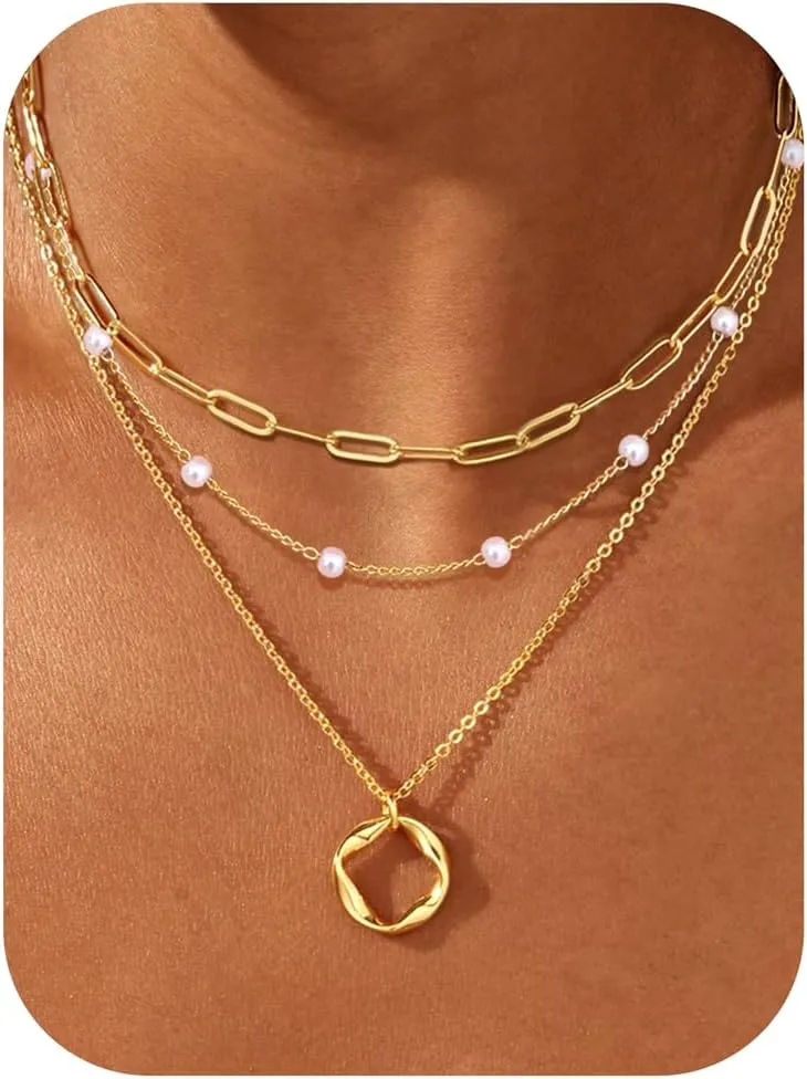 TEN MIRO Layered Gold Necklaces for Women Non Tarnish, Dainty 16k Real Gold Necklace Stack Stackable Necklace for Women Layering Chain Circle Pendant Paperclip Chain Necklaces