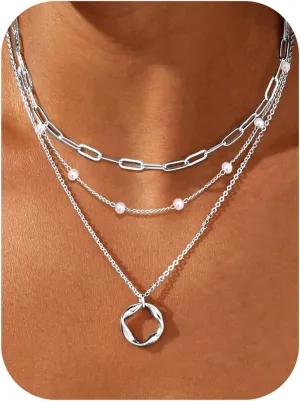 TEN MIRO Layered Gold Necklaces for Women Non Tarnish, Dainty 16k Real Gold Necklace Stack Stackable Necklace for Women Layering Chain Circle Pendant Paperclip Chain Necklaces