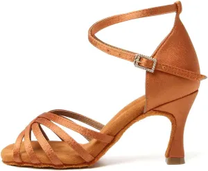 TINRYMX Women's Latin Dance Shoes Satin Ballroom Salsa Cha-cha Professional Practice Dance Shoes,EM213-Brown-2.76 Inch,5.5 US