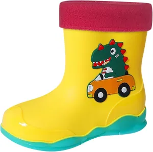 Toddler Boys Girls Dinosaur Rainboots with Fleece ining Kids Winter Lightweight Waterproof Rubber Mud Boots
