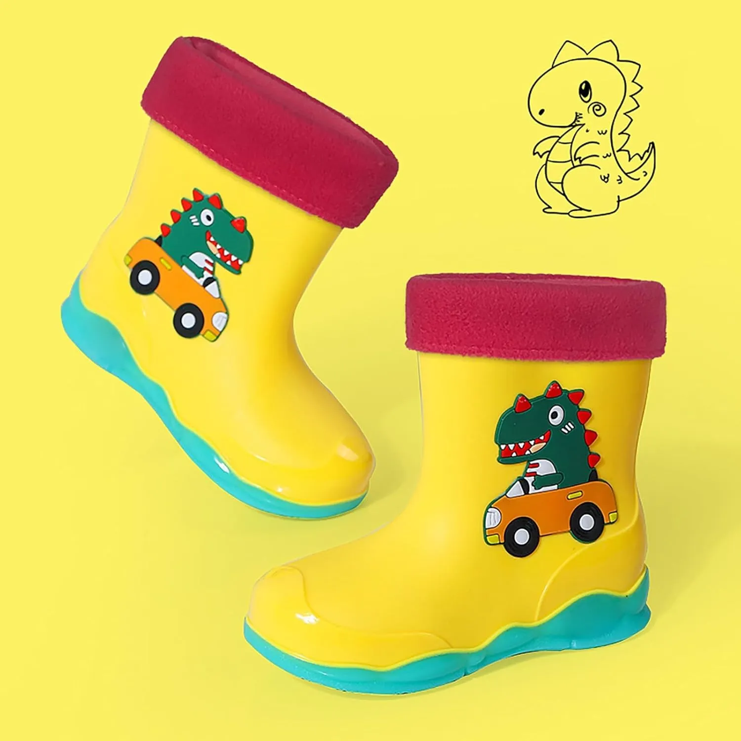 Toddler Boys Girls Dinosaur Rainboots with Fleece ining Kids Winter Lightweight Waterproof Rubber Mud Boots