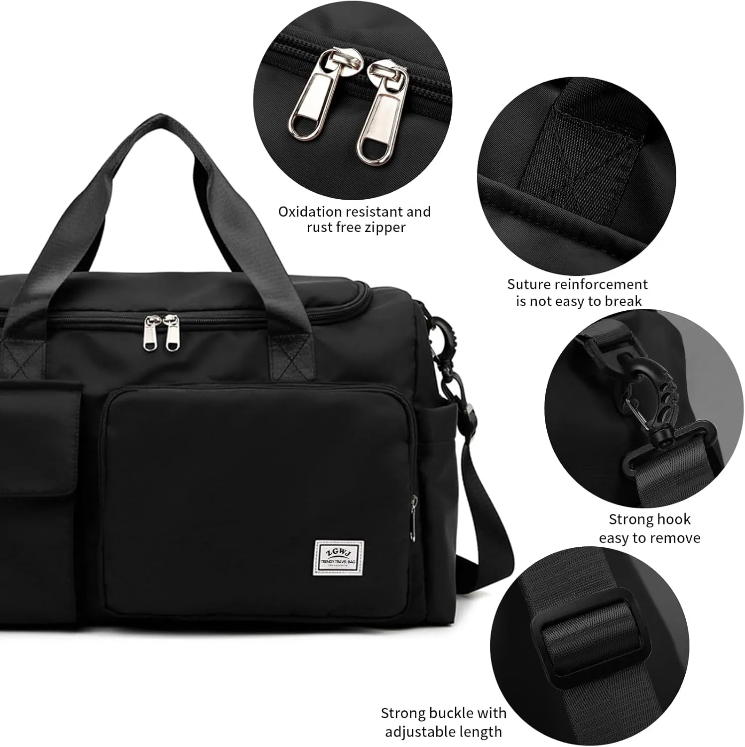 Travel Duffel Tote Bag with Dry Wet Separation Pocket, Weekender Bag for Women and MenWaterproof Bag with Shoe Compartment Lightweight and Easy Carry on Black