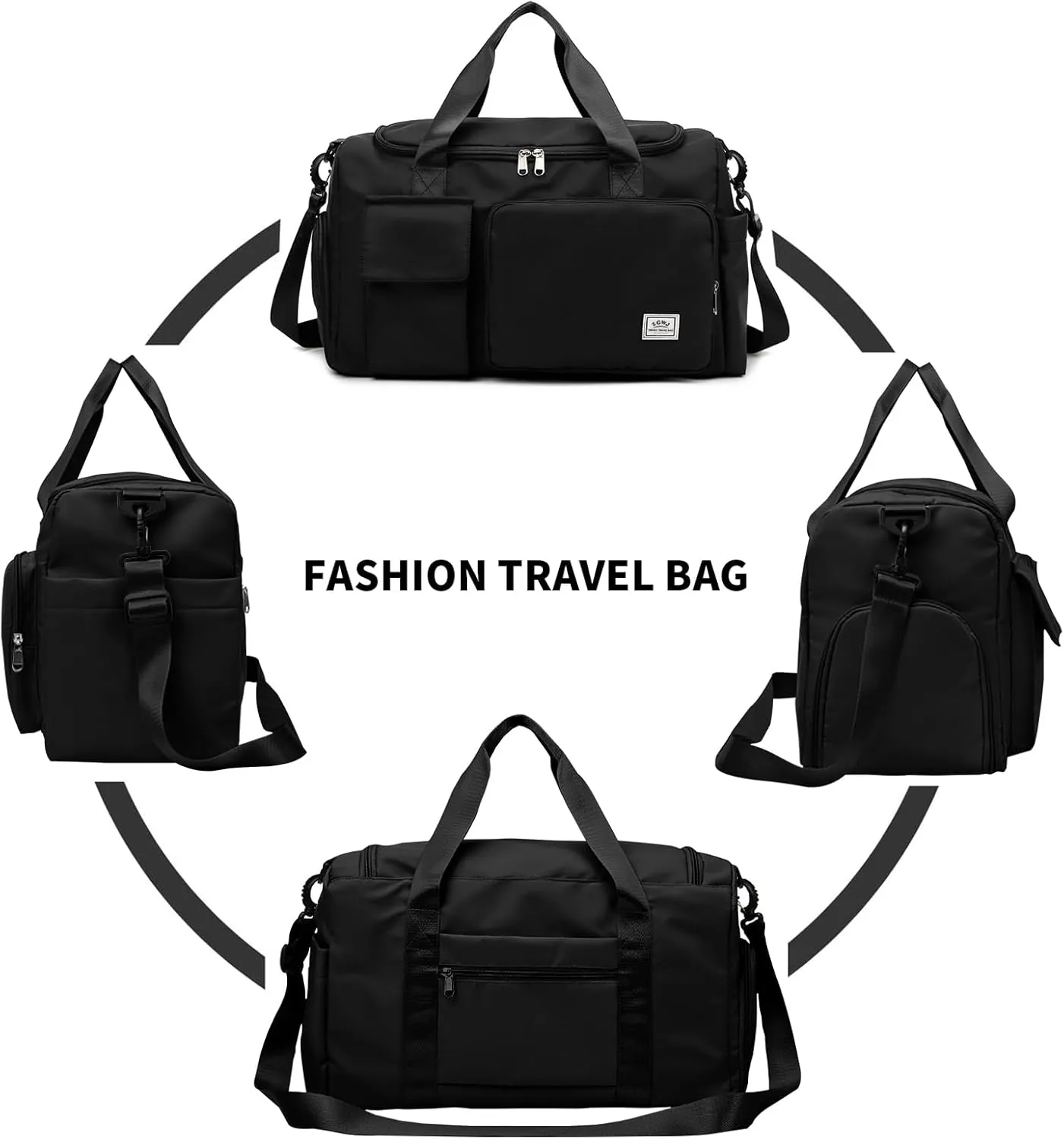 Travel Duffel Tote Bag with Dry Wet Separation Pocket, Weekender Bag for Women and MenWaterproof Bag with Shoe Compartment Lightweight and Easy Carry on Black