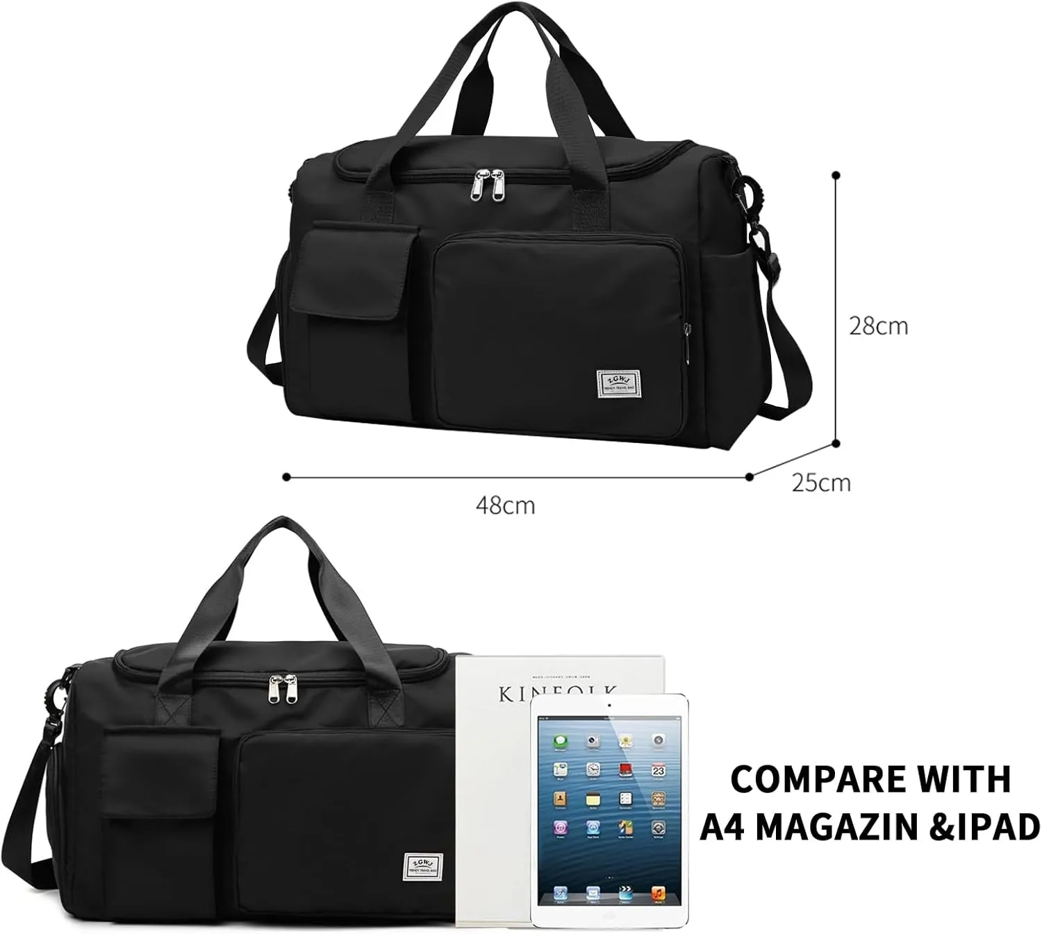 Travel Duffel Tote Bag with Dry Wet Separation Pocket, Weekender Bag for Women and MenWaterproof Bag with Shoe Compartment Lightweight and Easy Carry on Black