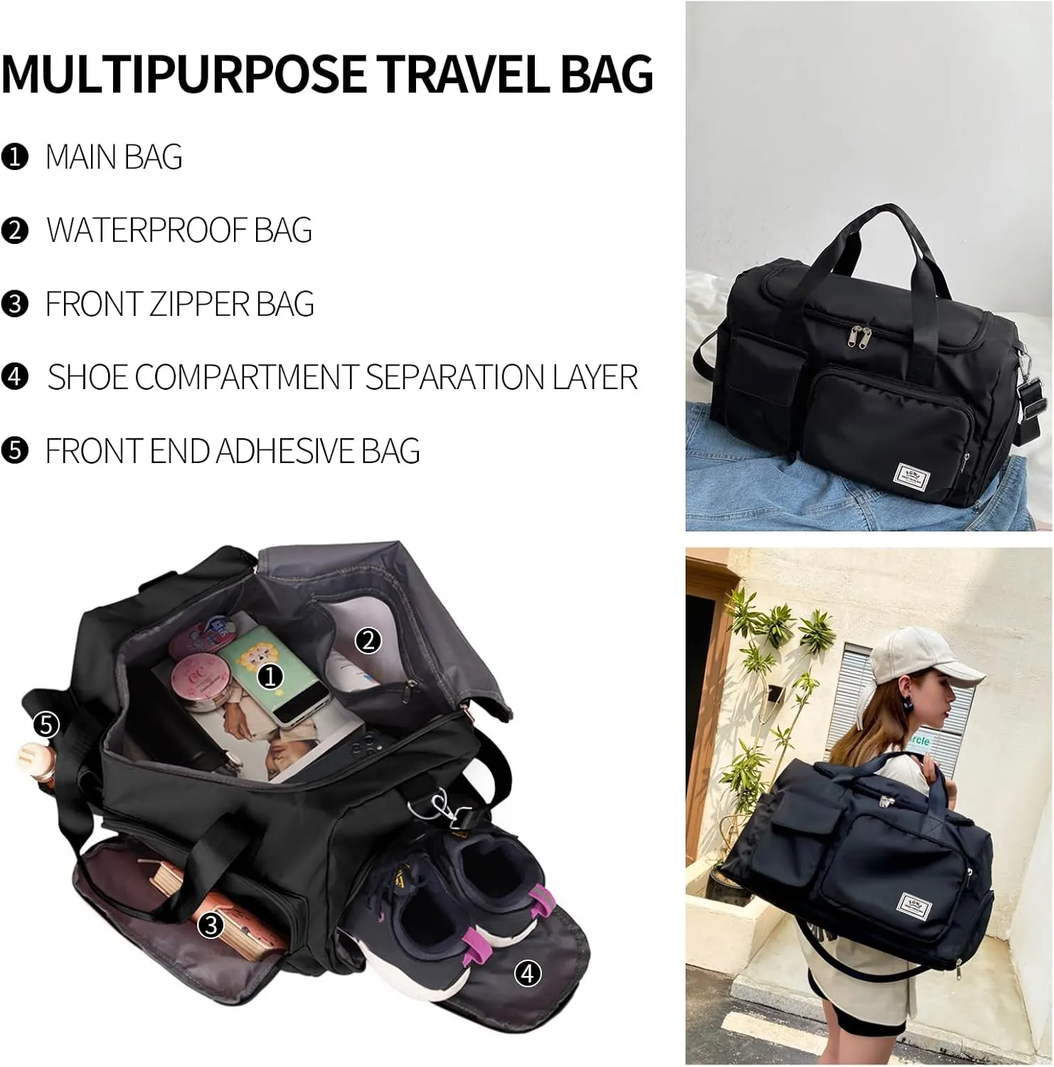 Travel Duffel Tote Bag with Dry Wet Separation Pocket, Weekender Bag for Women and MenWaterproof Bag with Shoe Compartment Lightweight and Easy Carry on Black