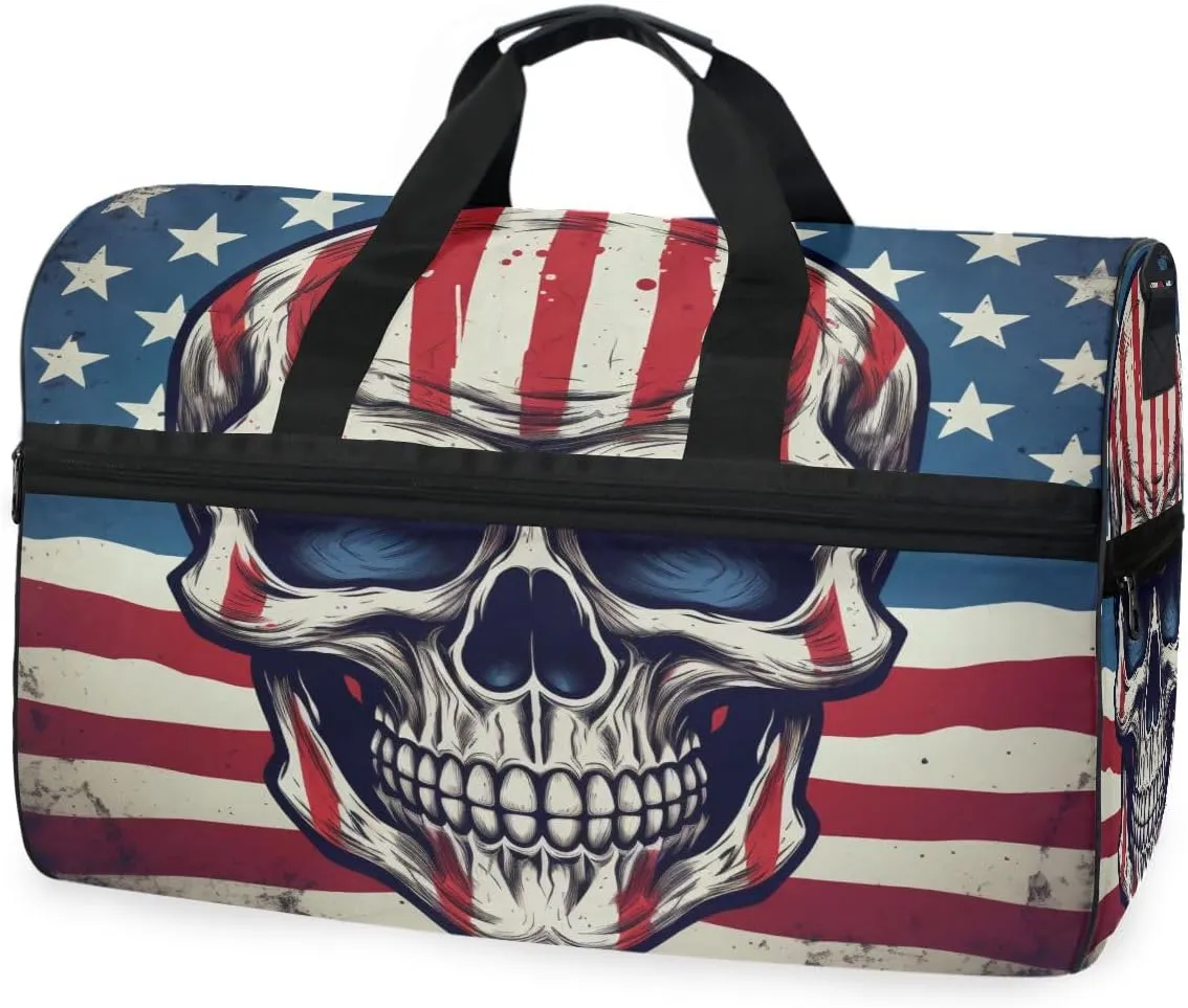Travel Duffels American Flag Skull Duffle Bag Luggage Sports Gym for Women & Men