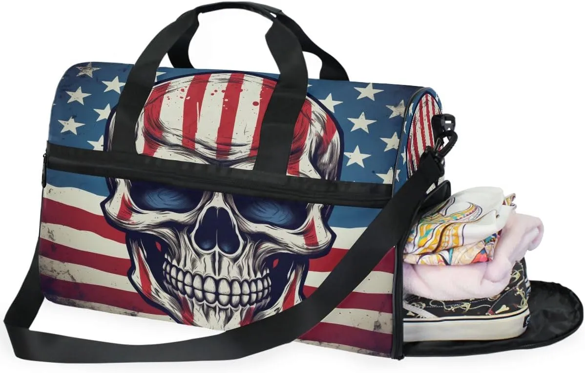 Travel Duffels American Flag Skull Duffle Bag Luggage Sports Gym for Women & Men