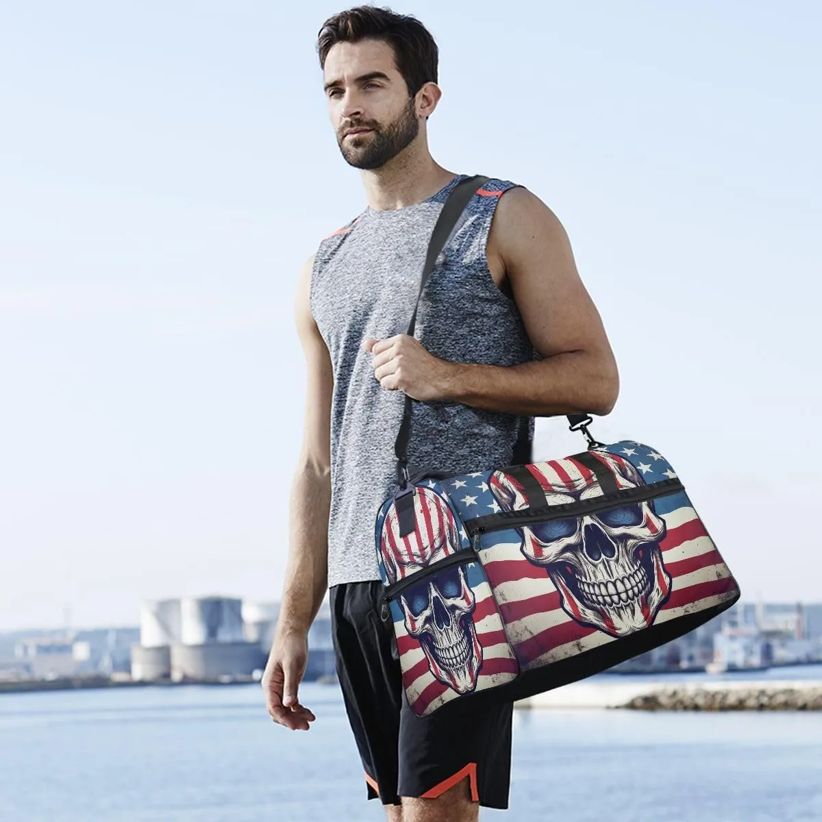 Travel Duffels American Flag Skull Duffle Bag Luggage Sports Gym for Women & Men