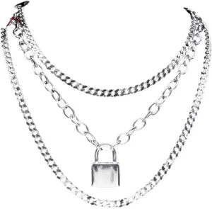 Trendy Multi Layered Lock Necklace Women/Men Silver Color Stainless Steel Layer Necklace Jewelry Collares De Moda DANS04262