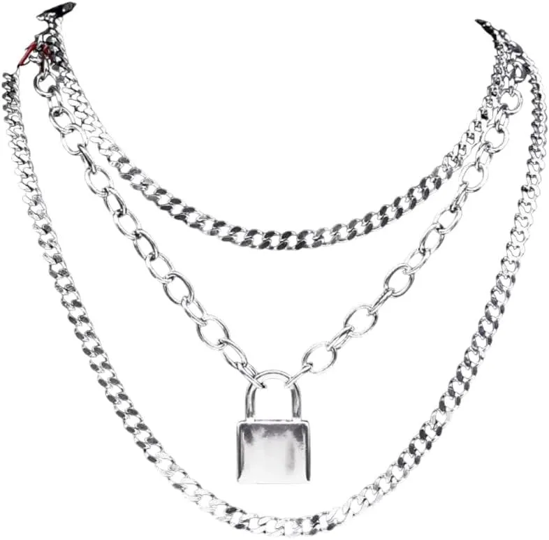 Trendy Multi Layered Lock Necklace Women/Men Silver Color Stainless Steel Layer Necklace Jewelry Collares De Moda DANS04262