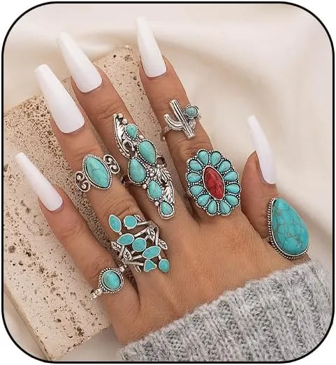 Turquoise Ring for Women Bohemian Stackable Knuckle Rings Set Boho Turquoise Finger Ring Vintage Oval Flower Starfish Teardrop Midi Snake Ring Western Rings Jewelry