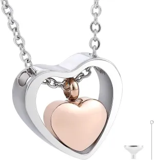 Two Tone Double Heart Cremation Urn Necklace in Stainless Steel, Tiny Necklace, Loss Of A Loved One, Heart Urn Gift, Remembrance Gift, Perfume Lockets
