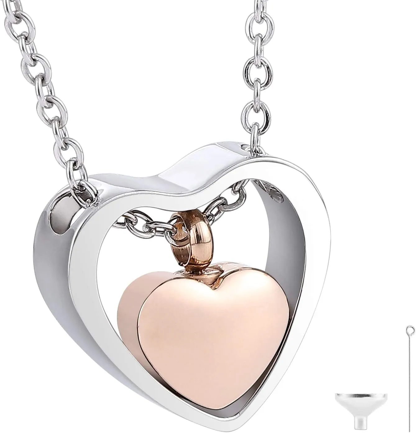 Two Tone Double Heart Cremation Urn Necklace in Stainless Steel, Tiny Necklace, Loss Of A Loved One, Heart Urn Gift, Remembrance Gift, Perfume Lockets