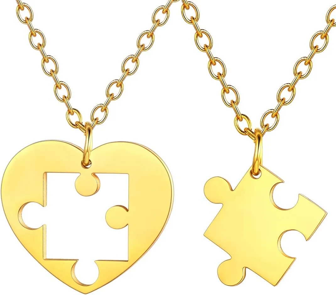 U7 Couple Necklaces for Women Men,Stainless Steel/Black/18K Gold Plated Puzzle Piece Pendant BFF Necklaces Gift
