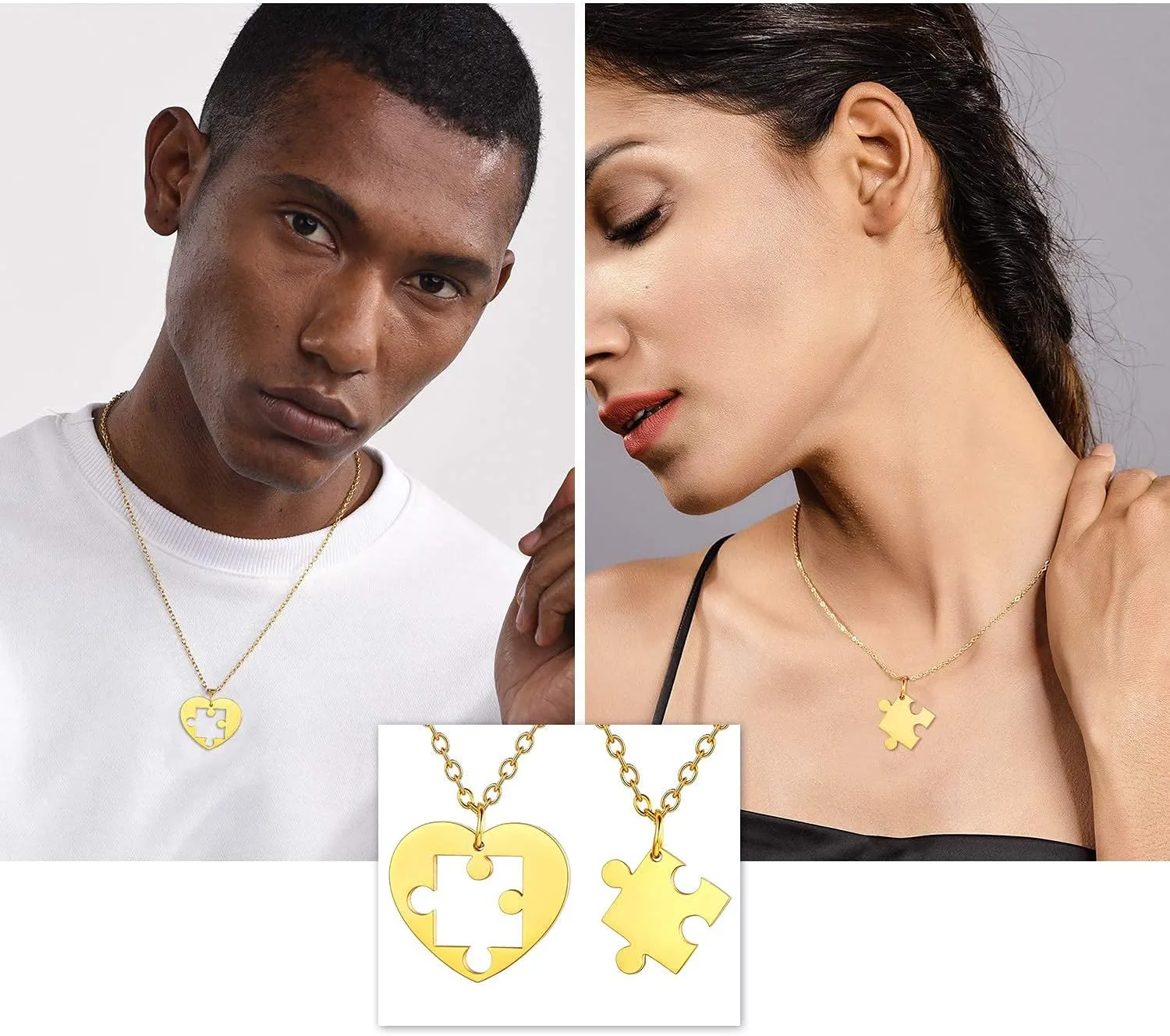 U7 Couple Necklaces for Women Men,Stainless Steel/Black/18K Gold Plated Puzzle Piece Pendant BFF Necklaces Gift
