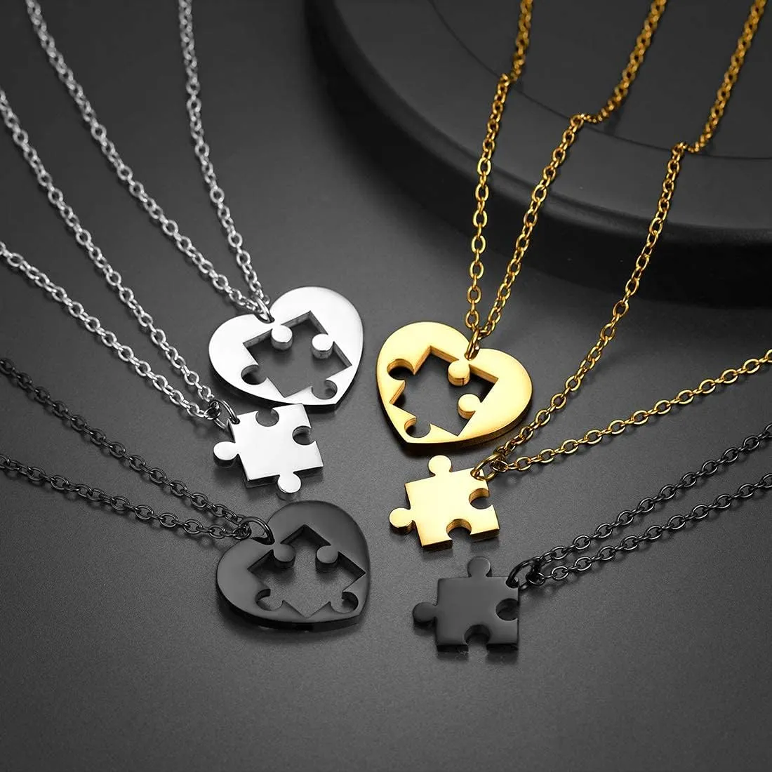 U7 Couple Necklaces for Women Men,Stainless Steel/Black/18K Gold Plated Puzzle Piece Pendant BFF Necklaces Gift