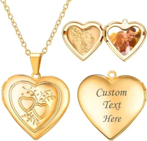 U7 Women Locket Necklace Platinum 14K Gold Photo Lockets that Hold Picture,Chain 20 Inch Personalized Gift Custom Love Heart Image Necklaces