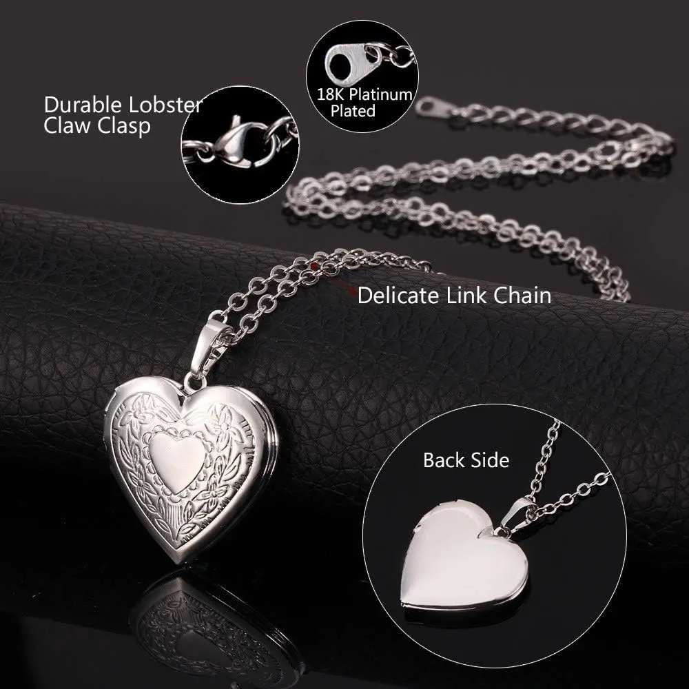 U7 Women Locket Necklace Platinum 14K Gold Photo Lockets that Hold Picture,Chain 20 Inch Personalized Gift Custom Love Heart Image Necklaces