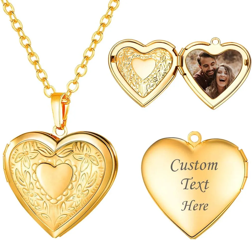 U7 Women Locket Necklace Platinum 14K Gold Photo Lockets that Hold Picture,Chain 20 Inch Personalized Gift Custom Love Heart Image Necklaces