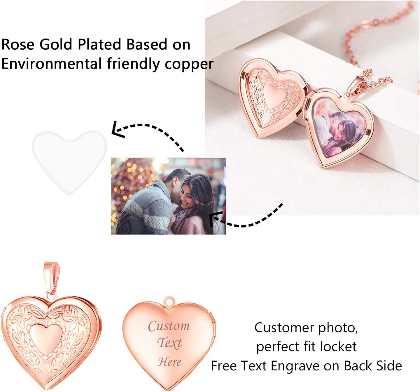 U7 Women Locket Necklace Platinum 14K Gold Photo Lockets that Hold Picture,Chain 20 Inch Personalized Gift Custom Love Heart Image Necklaces