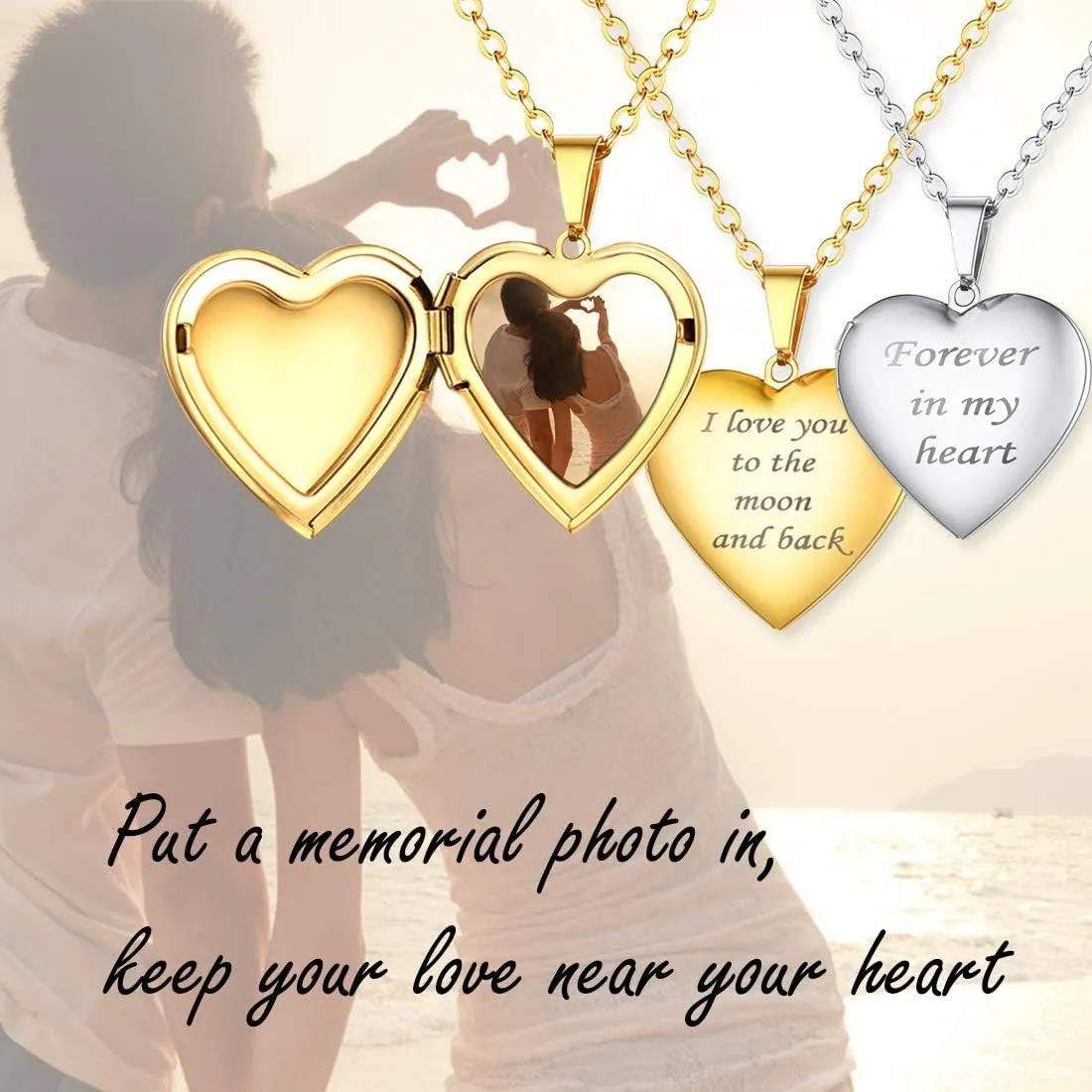 U7 Women Locket Necklace Platinum 14K Gold Photo Lockets that Hold Picture,Chain 20 Inch Personalized Gift Custom Love Heart Image Necklaces