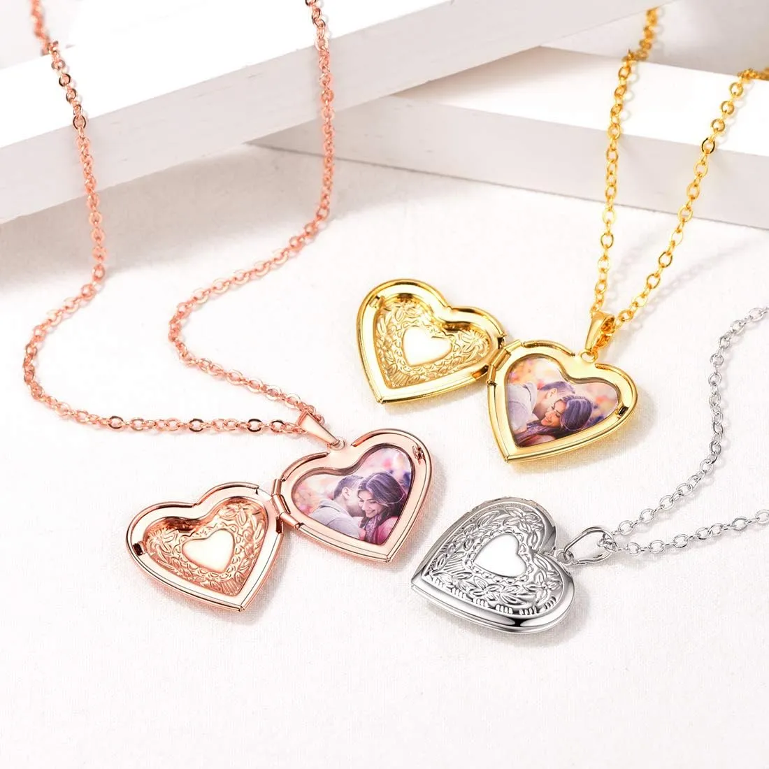 U7 Women Locket Necklace Platinum 14K Gold Photo Lockets that Hold Picture,Chain 20 Inch Personalized Gift Custom Love Heart Image Necklaces