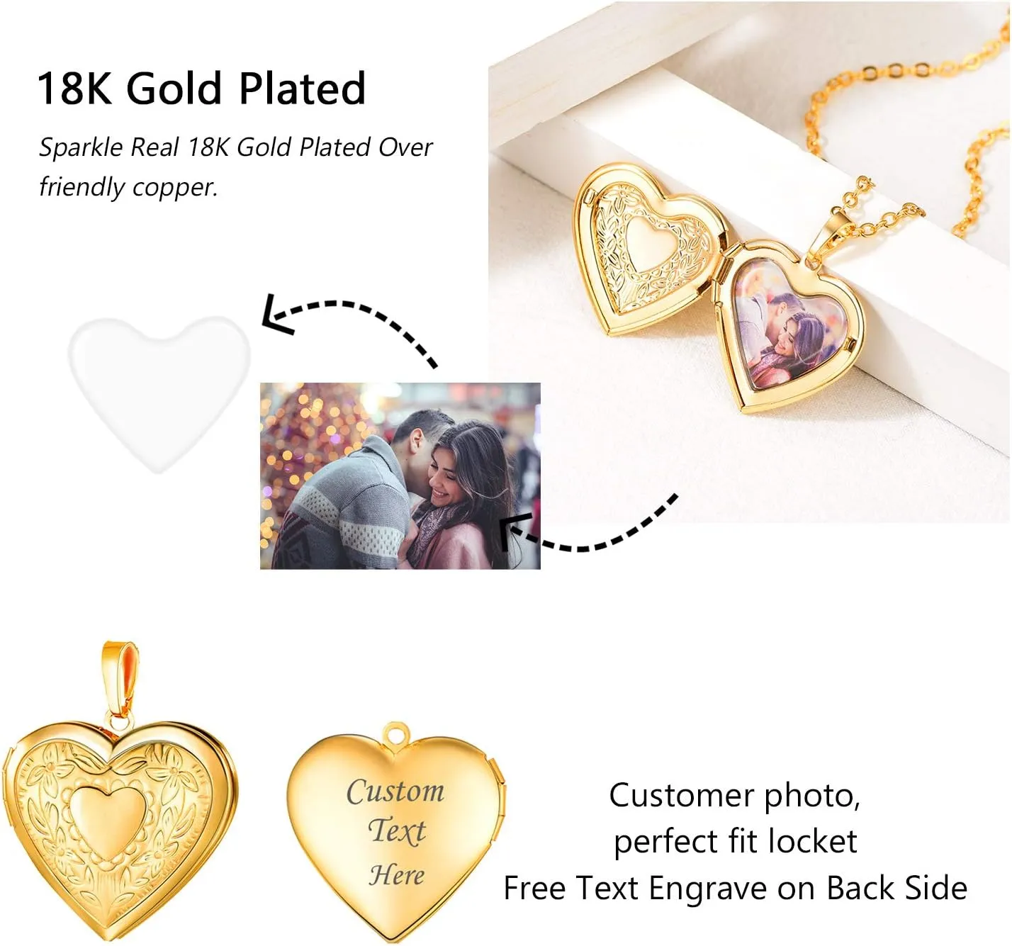 U7 Women Locket Necklace Platinum 14K Gold Photo Lockets that Hold Picture,Chain 20 Inch Personalized Gift Custom Love Heart Image Necklaces