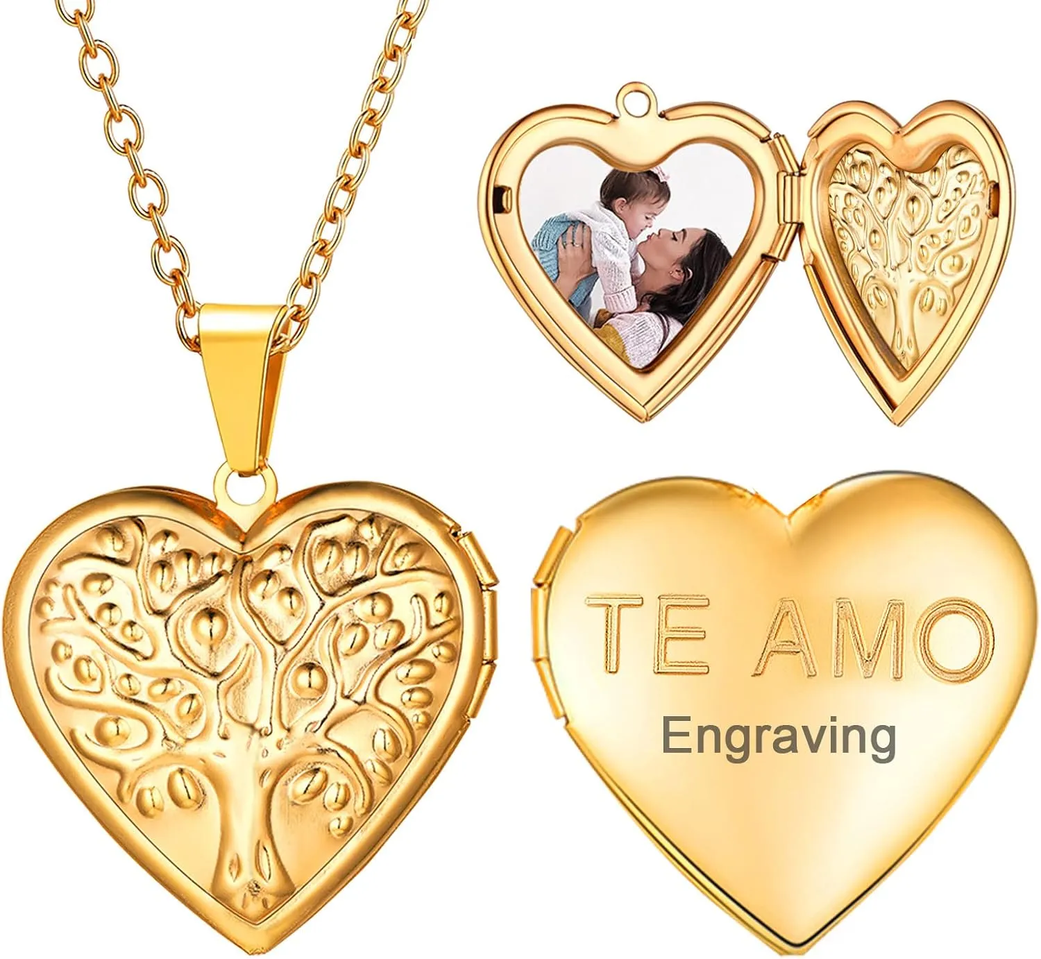 U7 Women Locket Necklace Platinum 14K Gold Photo Lockets that Hold Picture,Chain 20 Inch Personalized Gift Custom Love Heart Image Necklaces