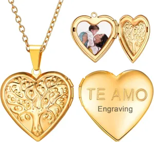 U7 Women Locket Necklace Platinum 14K Gold Photo Lockets that Hold Picture,Chain 20 Inch Personalized Gift Custom Love Heart Image Necklaces