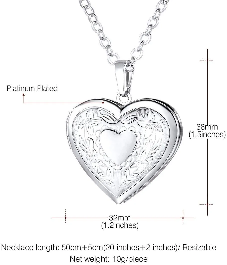 U7 Women Locket Necklace Platinum 14K Gold Photo Lockets that Hold Picture,Chain 20 Inch Personalized Gift Custom Love Heart Image Necklaces