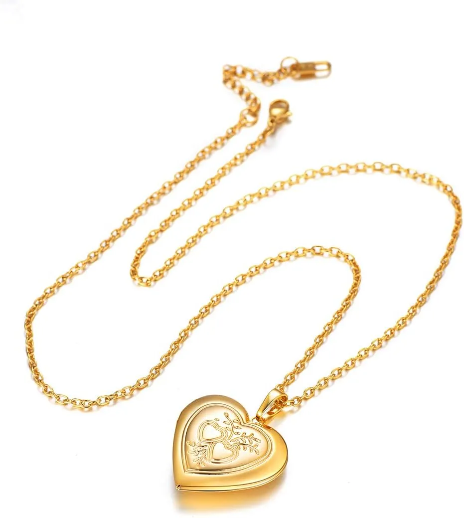 U7 Women Locket Necklace Platinum 14K Gold Photo Lockets that Hold Picture,Chain 20 Inch Personalized Gift Custom Love Heart Image Necklaces