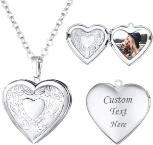 U7 Women Locket Necklace Platinum 14K Gold Photo Lockets that Hold Picture,Chain 20 Inch Personalized Gift Custom Love Heart Image Necklaces