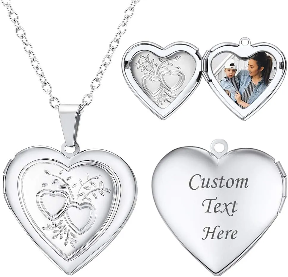 U7 Women Locket Necklace Platinum 14K Gold Photo Lockets that Hold Picture,Chain 20 Inch Personalized Gift Custom Love Heart Image Necklaces