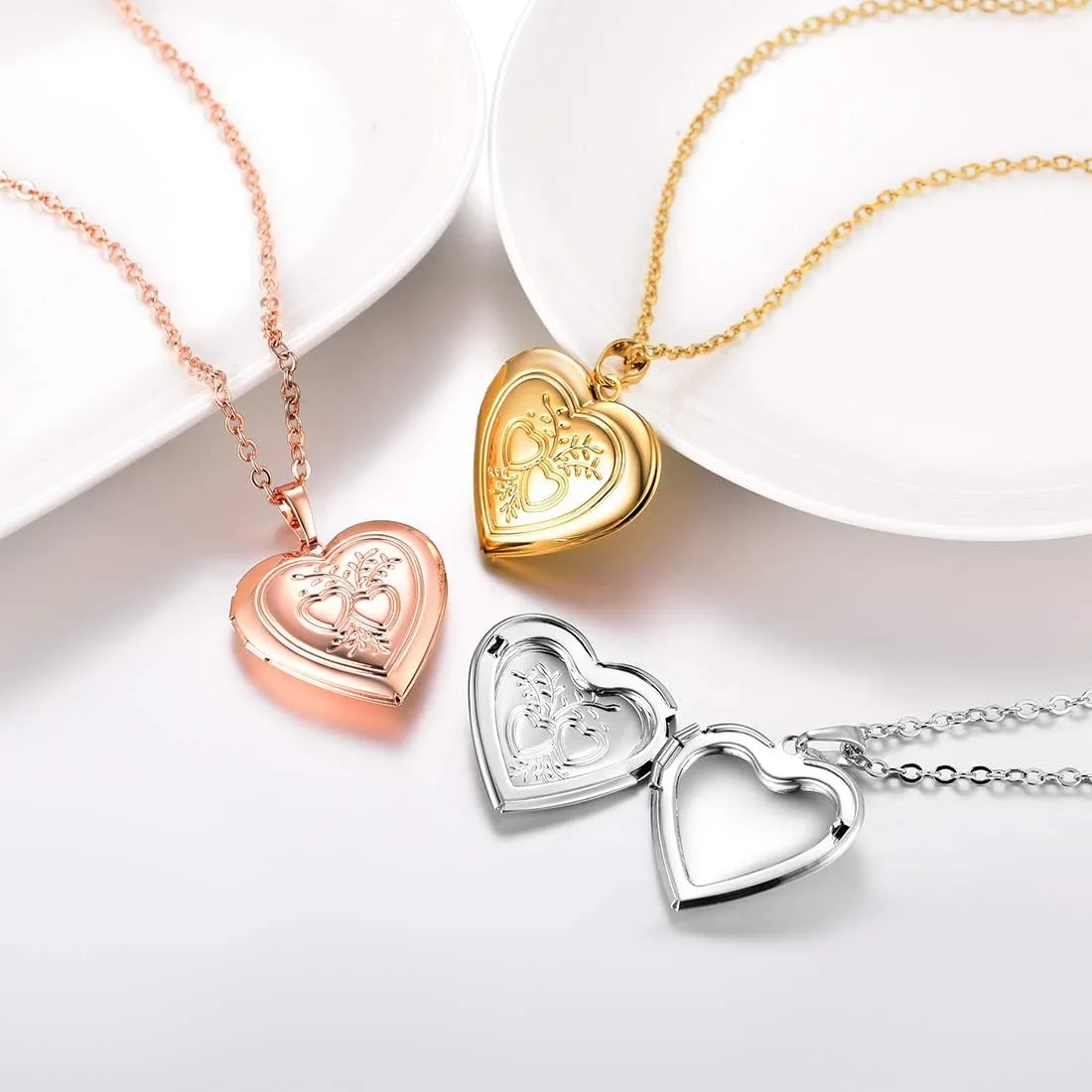 U7 Women Locket Necklace Platinum 14K Gold Photo Lockets that Hold Picture,Chain 20 Inch Personalized Gift Custom Love Heart Image Necklaces