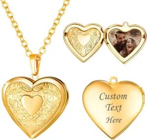 U7 Women Locket Necklace Platinum 14K Gold Photo Lockets that Hold Picture,Chain 20 Inch Personalized Gift Custom Love Heart Image Necklaces