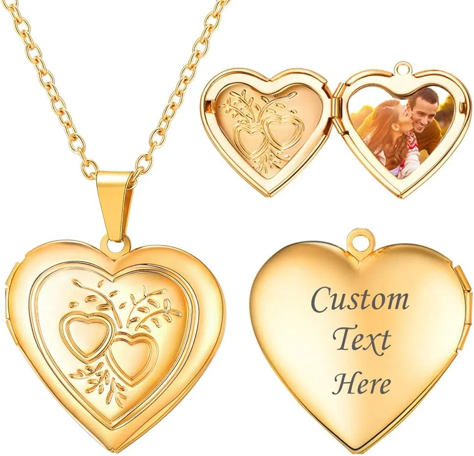 U7 Women Locket Necklace Platinum 14K Gold Photo Lockets that Hold Picture,Chain 20 Inch Personalized Gift Custom Love Heart Image Necklaces