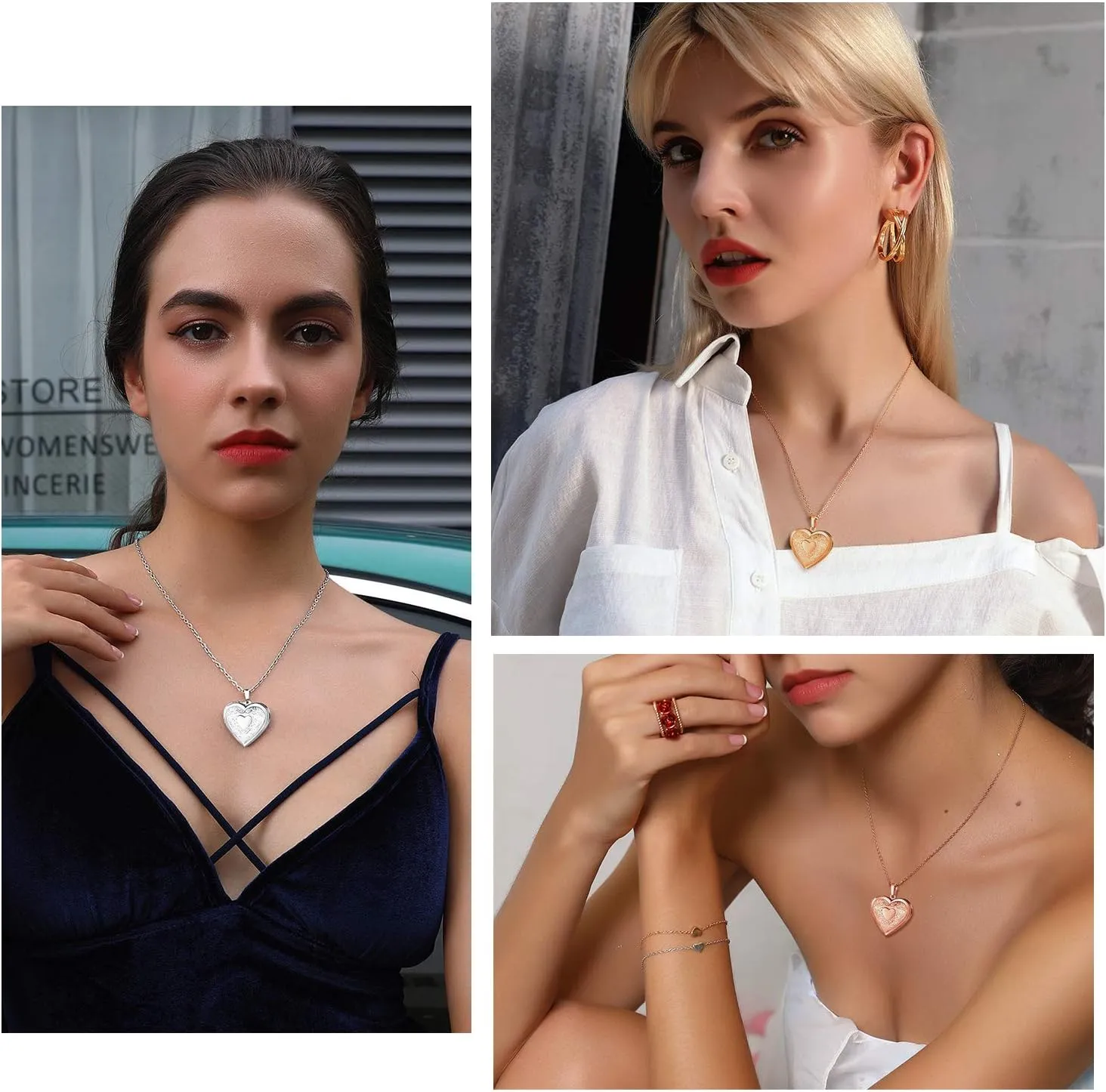 U7 Women Locket Necklace Platinum 14K Gold Photo Lockets that Hold Picture,Chain 20 Inch Personalized Gift Custom Love Heart Image Necklaces