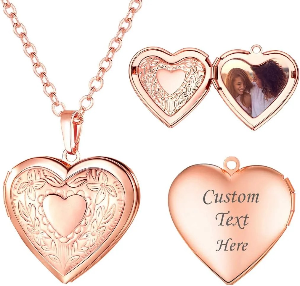 U7 Women Locket Necklace Platinum 14K Gold Photo Lockets that Hold Picture,Chain 20 Inch Personalized Gift Custom Love Heart Image Necklaces