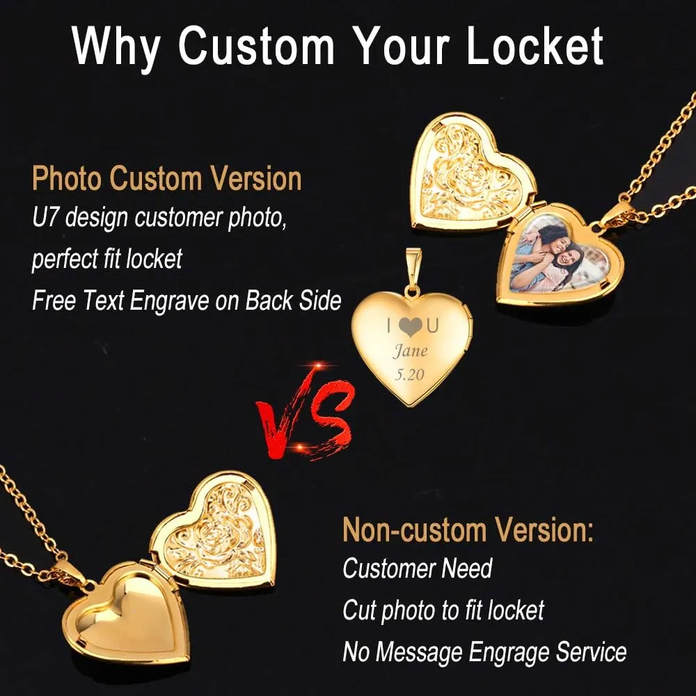 U7 Women Locket Necklace Platinum 14K Gold Photo Lockets that Hold Picture,Chain 20 Inch Personalized Gift Custom Love Heart Image Necklaces