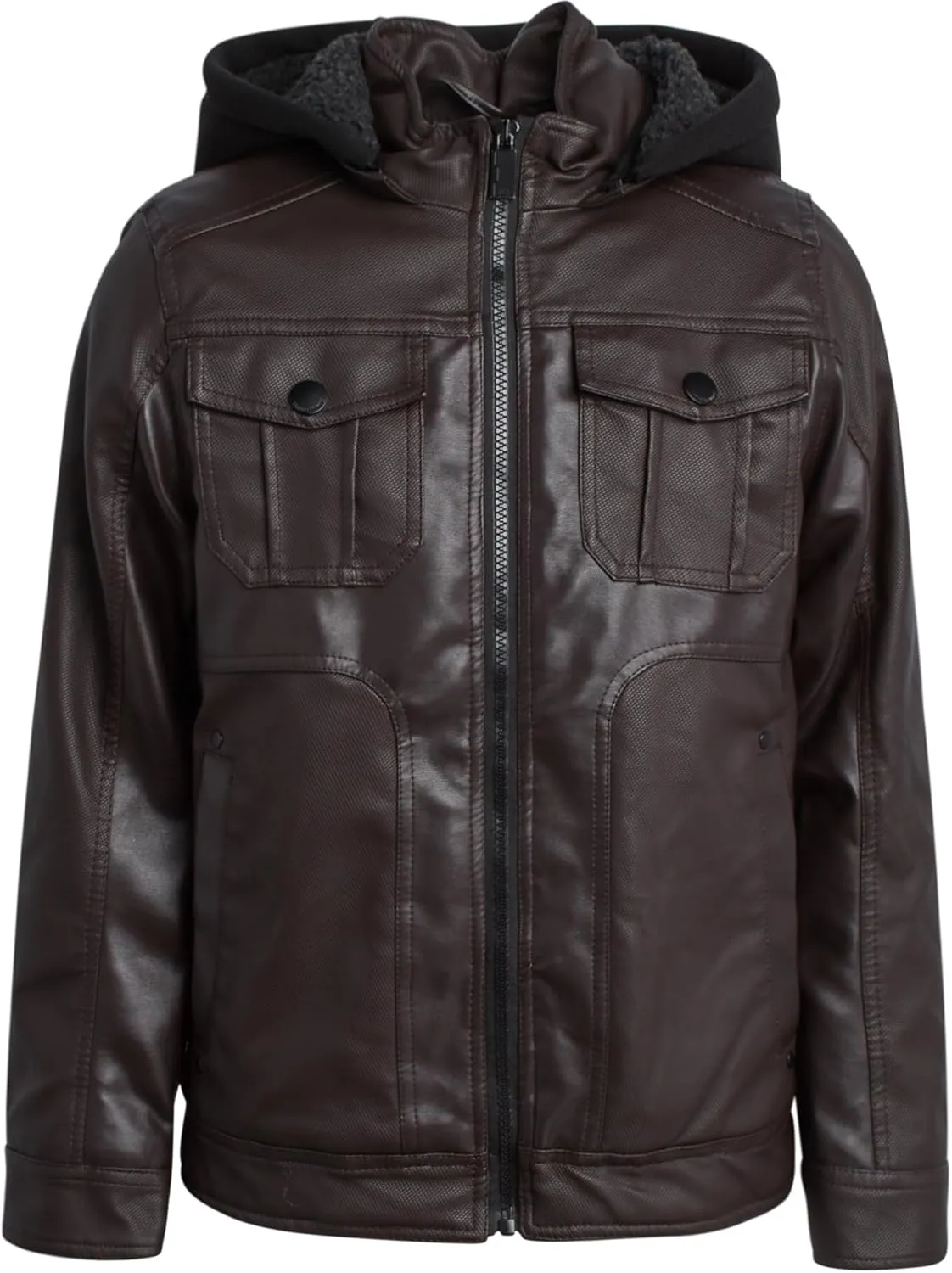 URBAN REPUBLIC Boys Jacket  Faux Leather Biker Jacket  Casual Sherpa Lined Moto Jacket with Sweatshirt Hood (4-20)