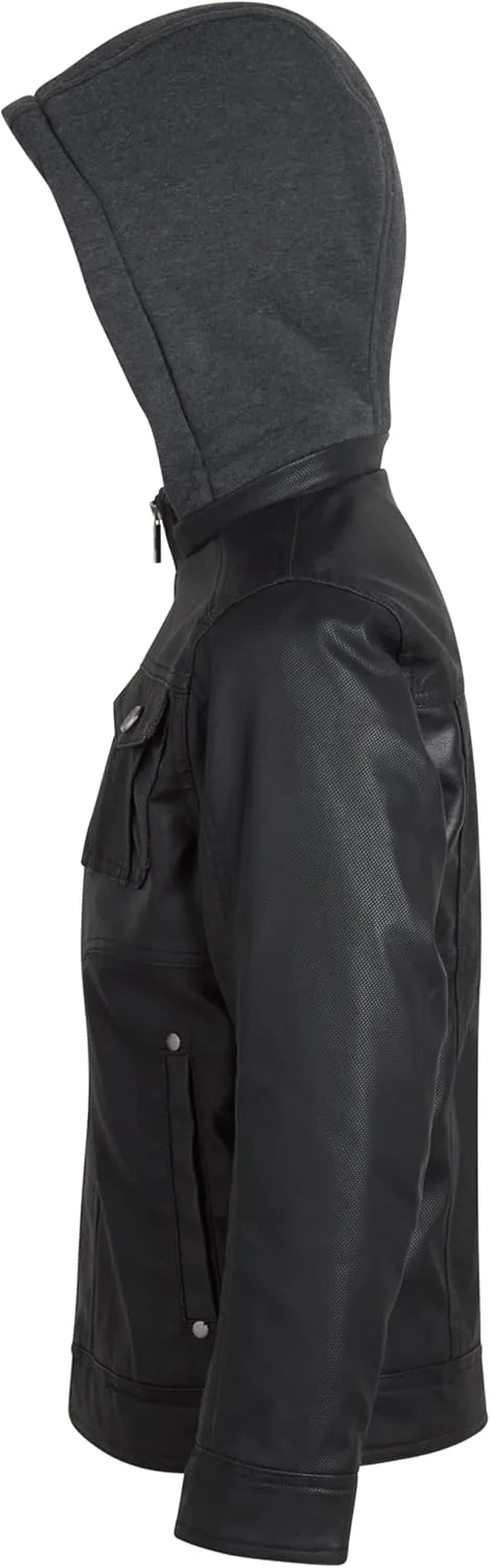 URBAN REPUBLIC Boys Jacket  Faux Leather Biker Jacket  Casual Sherpa Lined Moto Jacket with Sweatshirt Hood (4-20)