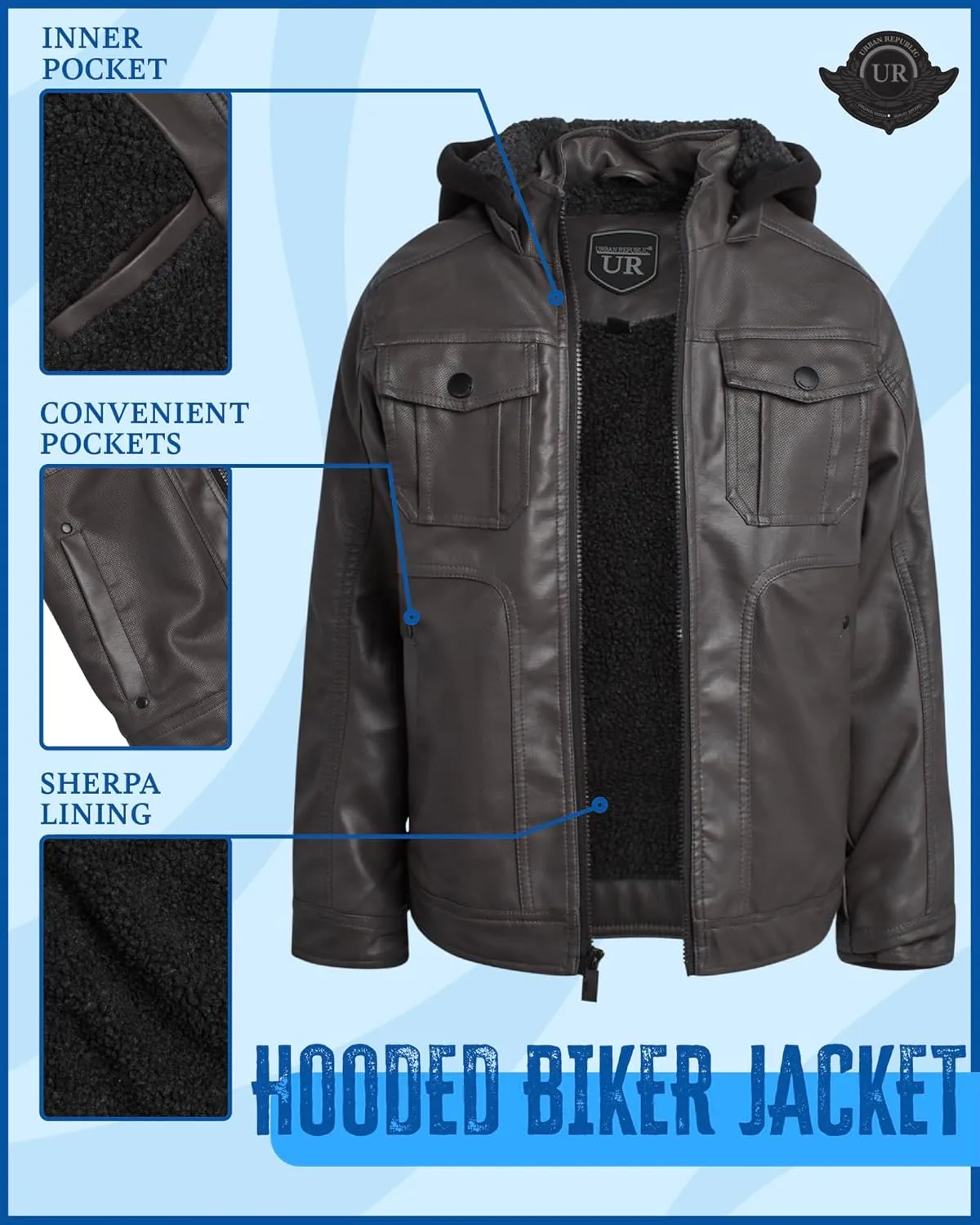URBAN REPUBLIC Boys Jacket  Faux Leather Biker Jacket  Casual Sherpa Lined Moto Jacket with Sweatshirt Hood (4-20)