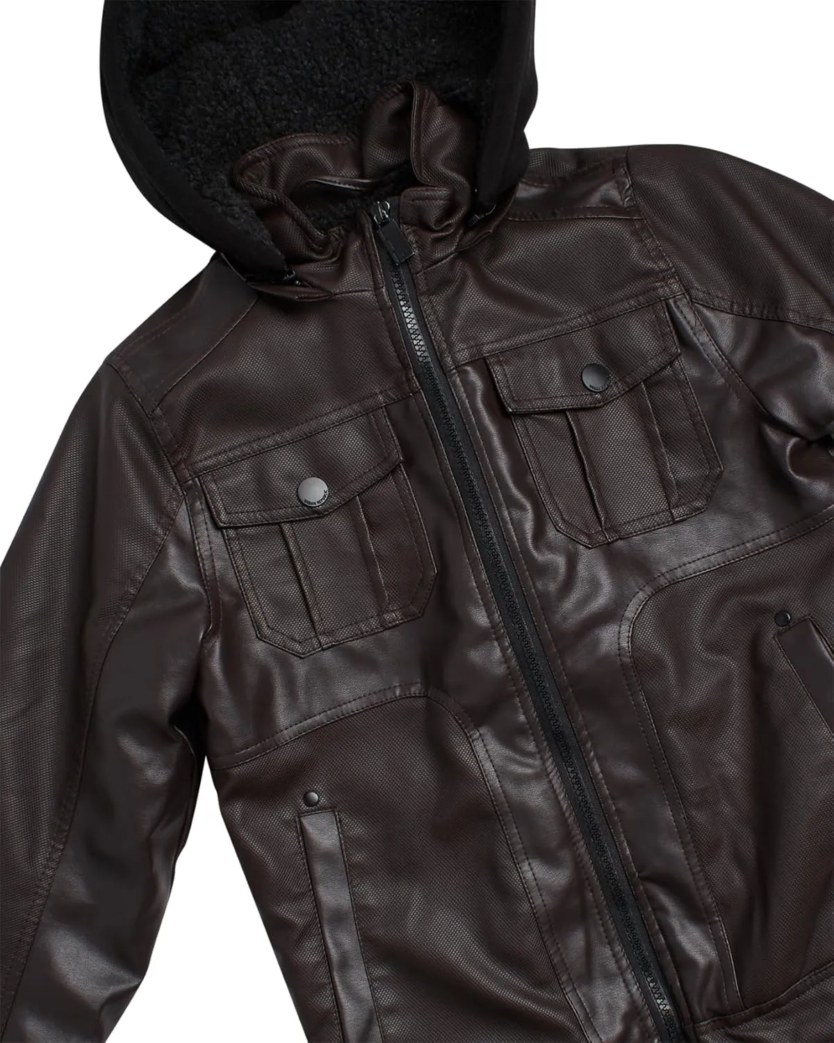 URBAN REPUBLIC Boys Jacket  Faux Leather Biker Jacket  Casual Sherpa Lined Moto Jacket with Sweatshirt Hood (4-20)