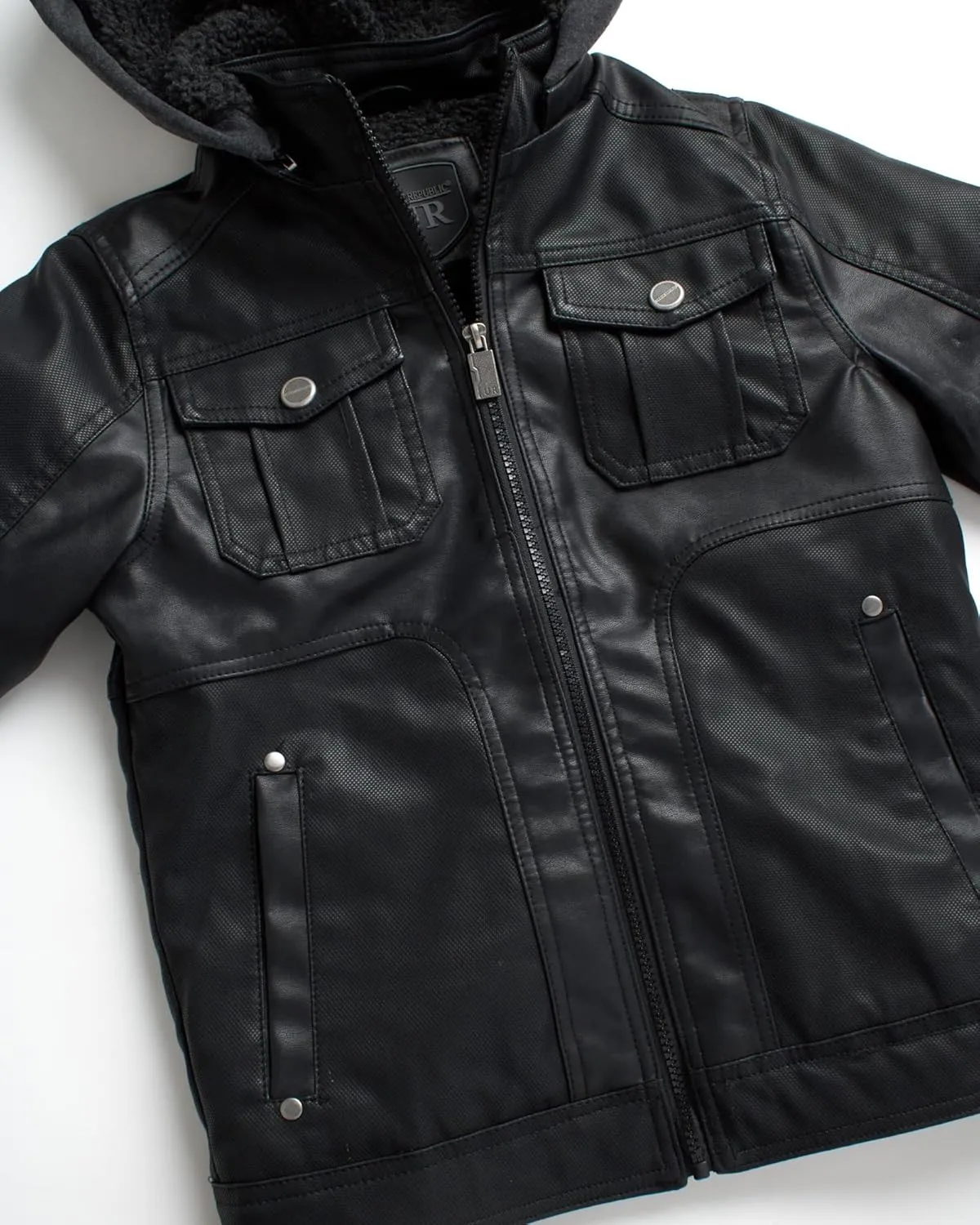 URBAN REPUBLIC Boys Jacket  Faux Leather Biker Jacket  Casual Sherpa Lined Moto Jacket with Sweatshirt Hood (4-20)
